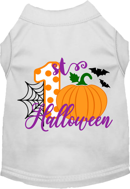 White My First Halloween pet shirt with pumpkin design