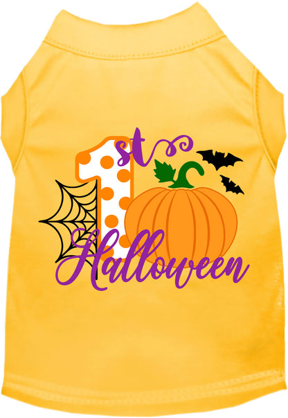 Yellow My First Halloween pet shirt with pumpkin design