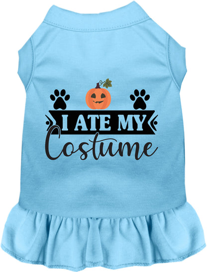 Blue 'I Ate My Costume' pet dress with pumpkin design