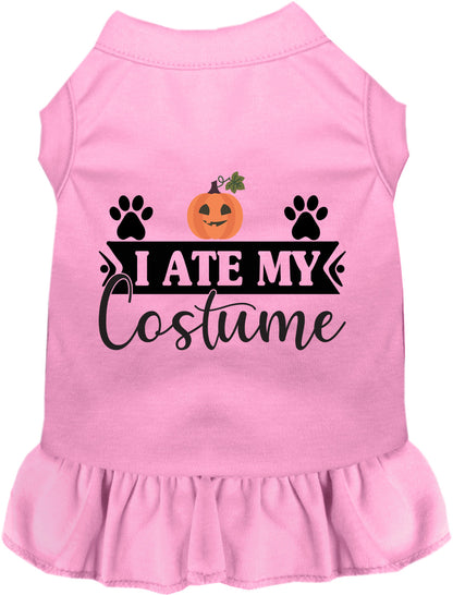 Pink 'I Ate My Costume' pet dress with pumpkin design