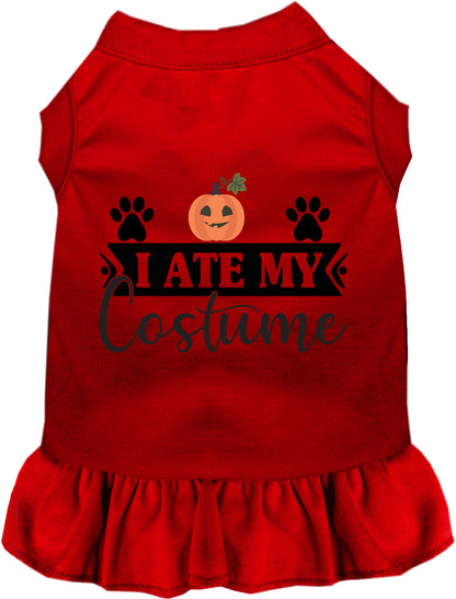 Red 'I Ate My Costume' pet dress with pumpkin design