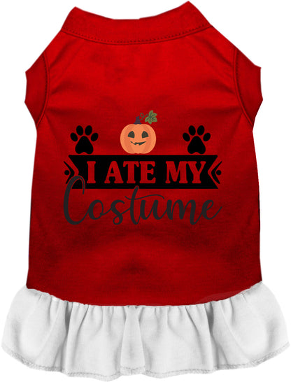 Red and white 'I Ate My Costume' pet dress with pumpkin design