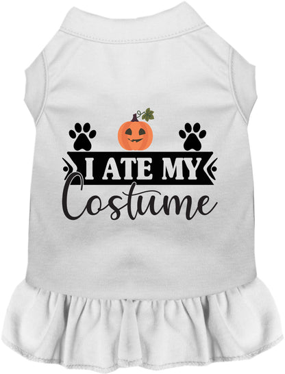 White 'I Ate My Costume' pet dress with pumpkin design