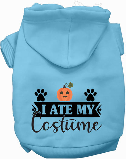 Light blue 'I Ate My Costume' pet hoodie with pumpkin design