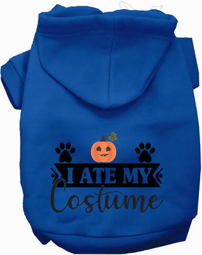 Dark blue 'I Ate My Costume' pet hoodie with pumpkin design