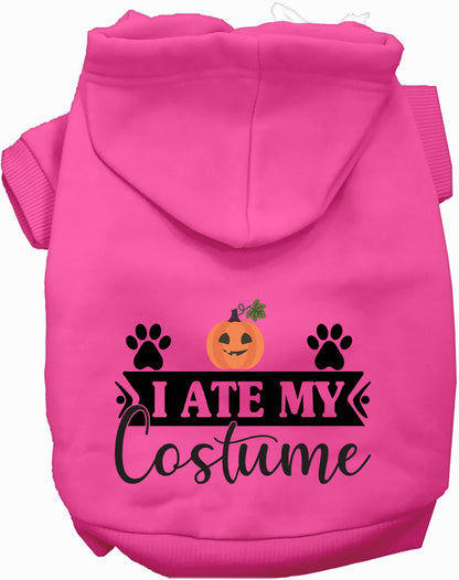 Pink 'I Ate My Costume' pet hoodie with pumpkin design