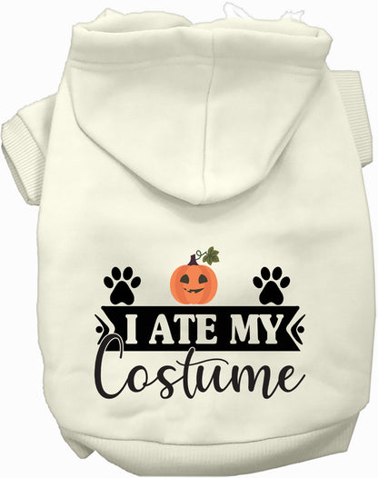 White 'I Ate My Costume' pet hoodie with pumpkin design