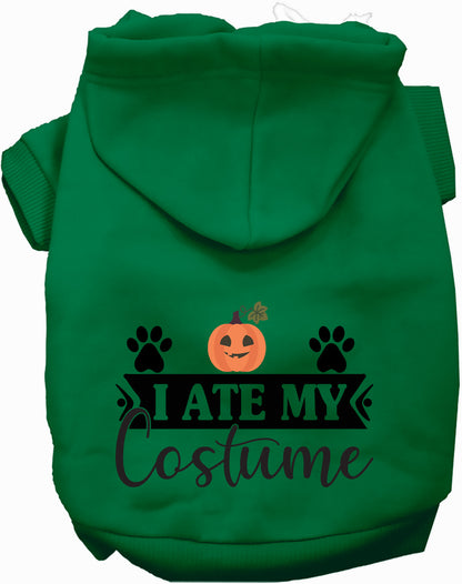 Green 'I Ate My Costume' pet hoodie with pumpkin design