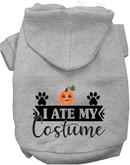 Gray 'I Ate My Costume' pet hoodie with pumpkin design