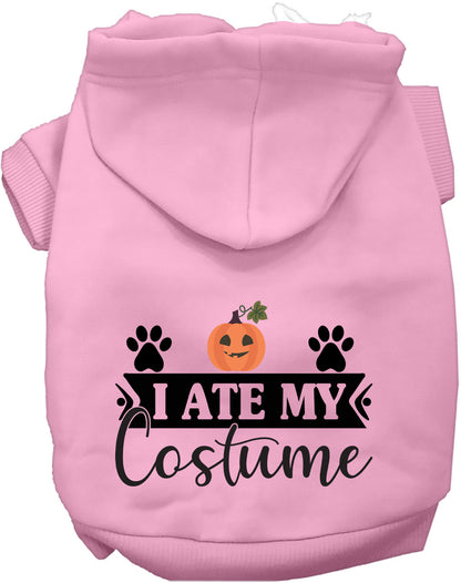 Light pink 'I Ate My Costume' pet hoodie with pumpkin design