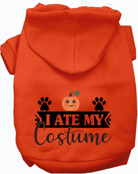 Orange 'I Ate My Costume' pet hoodie with pumpkin design