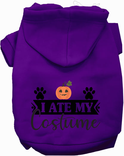 Purple 'I Ate My Costume' pet hoodie with pumpkin design