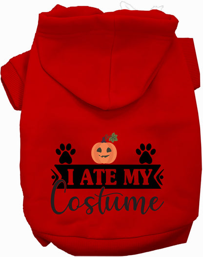 Red 'I Ate My Costume' pet hoodie with pumpkin design