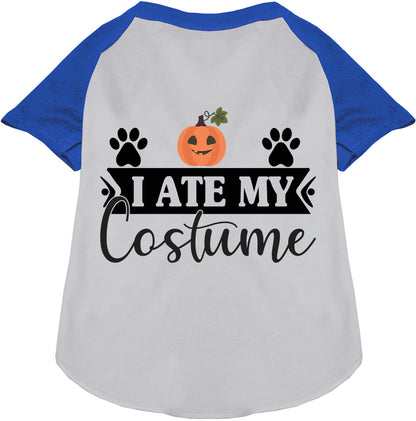 Blue raglan pet shirt with 'I Ate My Costume' design