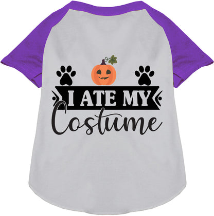 Purple raglan pet shirt with 'I Ate My Costume' design