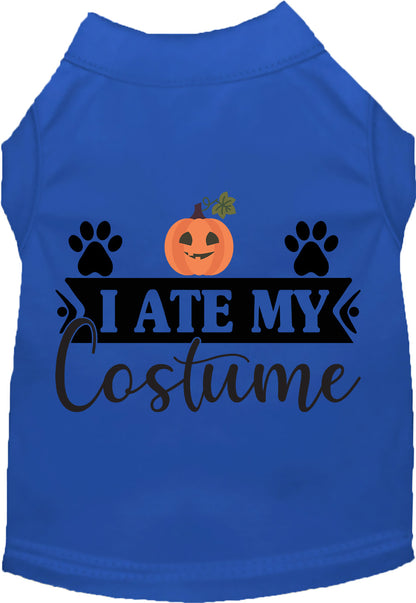 Blue 'I Ate My Costume' pet shirt with pumpkin design