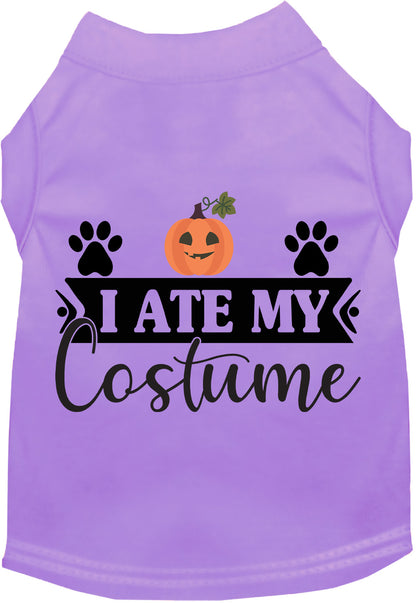 Light purple 'I Ate My Costume' pet shirt with pumpkin design