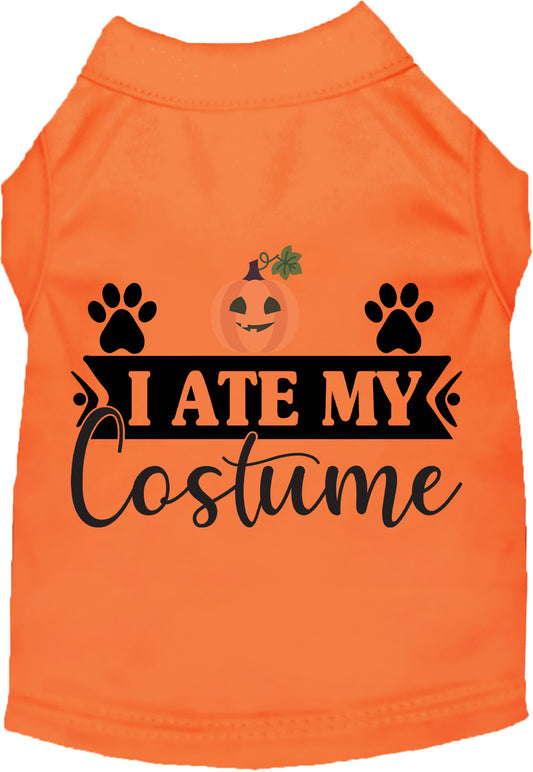 Orange 'I Ate My Costume' pet shirt with pumpkin design