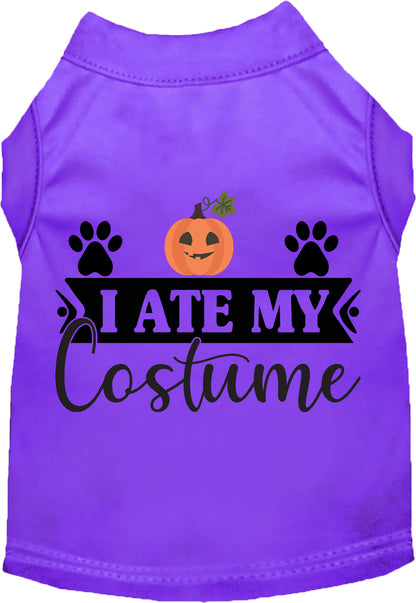 Purple 'I Ate My Costume' pet shirt with pumpkin design