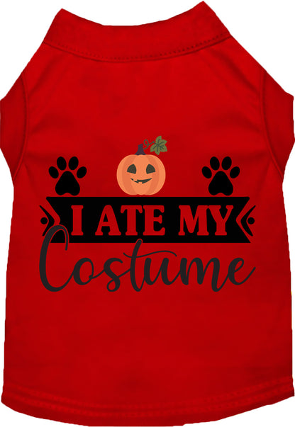 Red 'I Ate My Costume' pet shirt with pumpkin design