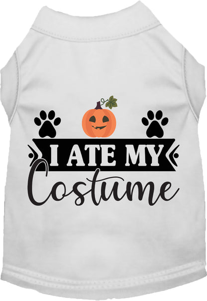 White 'I Ate My Costume' pet shirt with pumpkin design