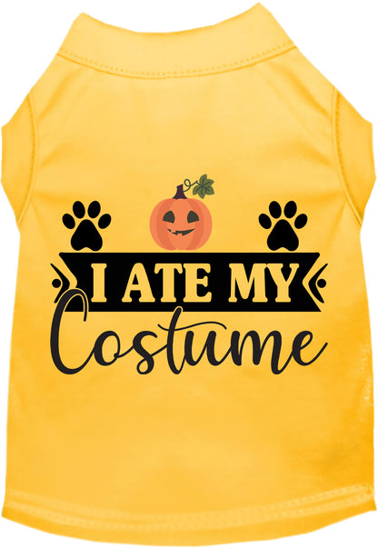 Yellow 'I Ate My Costume' pet shirt with pumpkin design