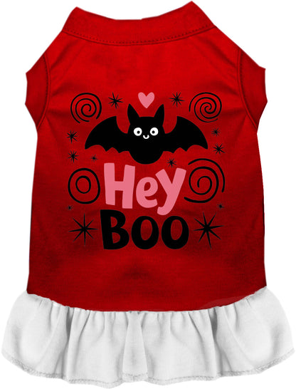 Red and white Hey Boo! Pet Dress with bat design