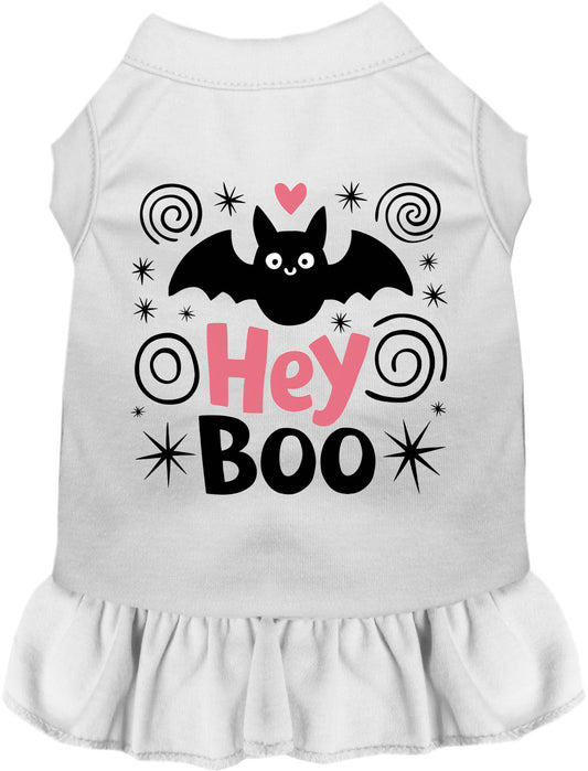 White Hey Boo! Pet Dress with bat design