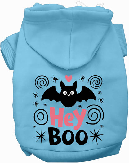 Light blue Hey Boo! pet hoodie with bat design