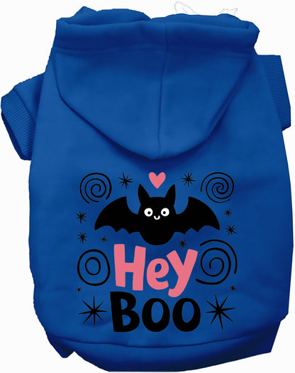 Dark blue Hey Boo! pet hoodie with bat design