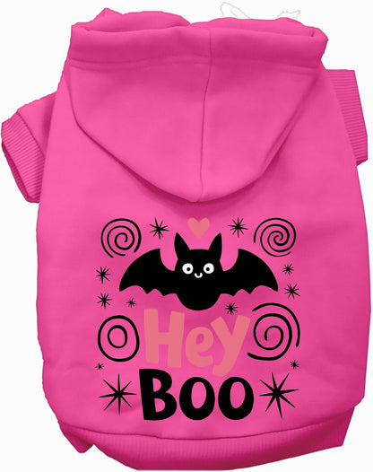 Pink Hey Boo! pet hoodie with bat design