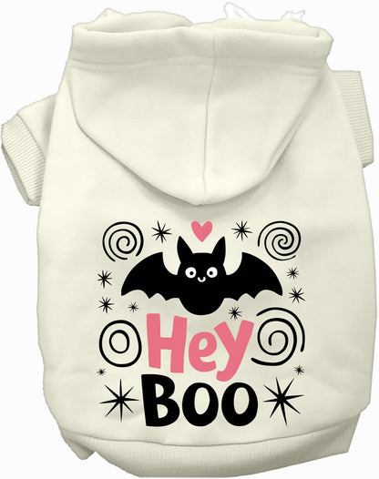 White Hey Boo! pet hoodie with bat design