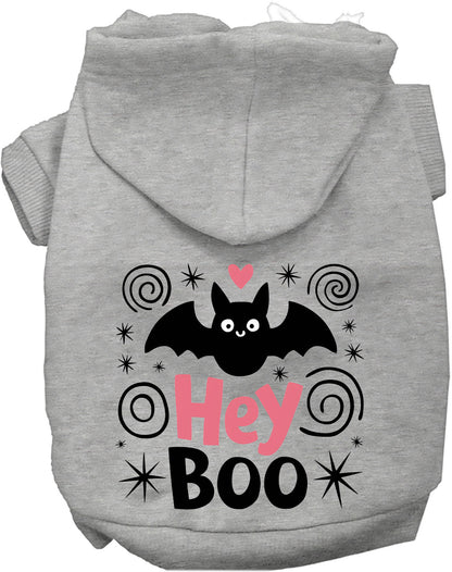 Gray Hey Boo! pet hoodie with bat design