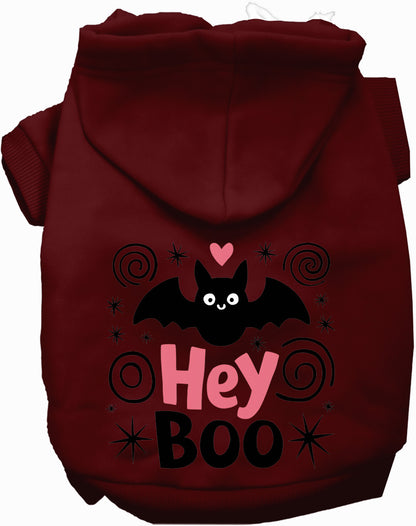 Maroon Hey Boo! pet hoodie with bat design