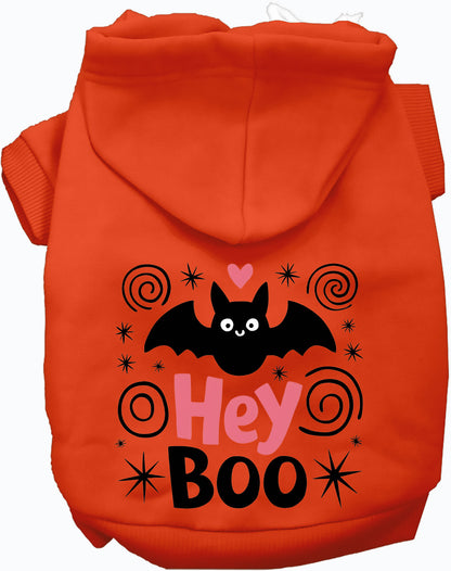 Orange Hey Boo! pet hoodie with bat design