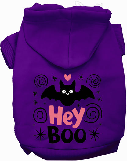 Purple Hey Boo! pet hoodie with bat design