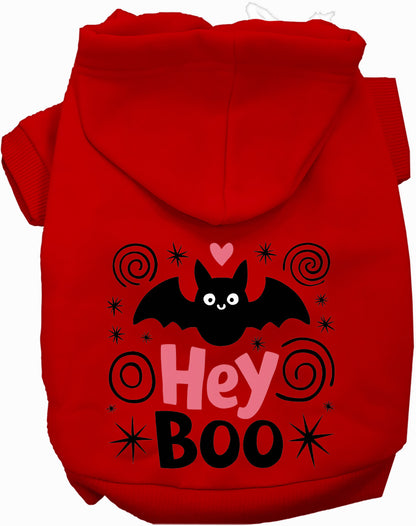 Red Hey Boo! pet hoodie with bat design