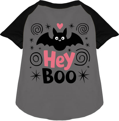 Black Hey Boo! Pet Raglan Shirt with bat design