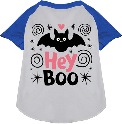 Blue Hey Boo! Pet Raglan Shirt with bat design