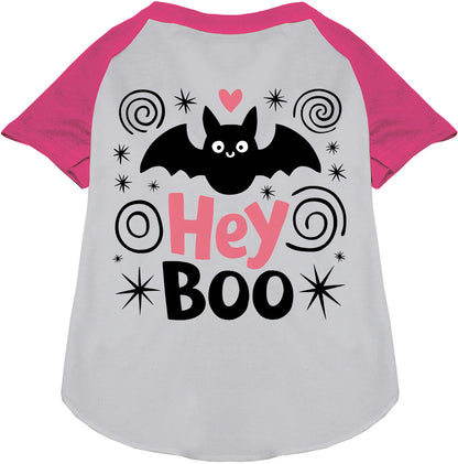 Pink Hey Boo! Pet Raglan Shirt with bat design