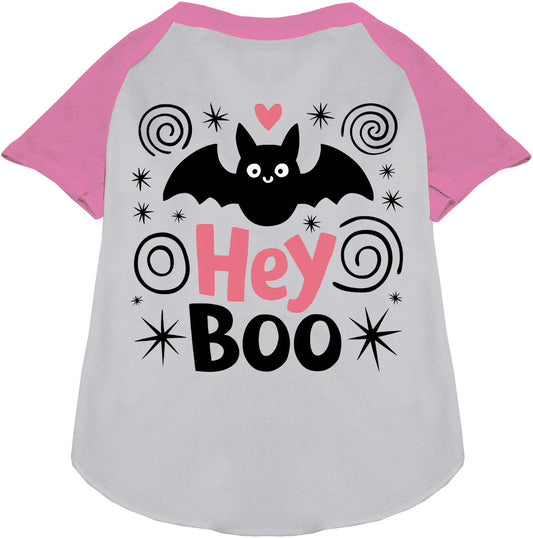 Pink Hey Boo! Pet Raglan Shirt with bat design