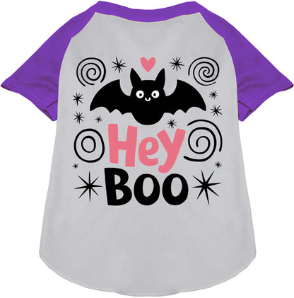 Purple Hey Boo! Pet Raglan Shirt with bat design