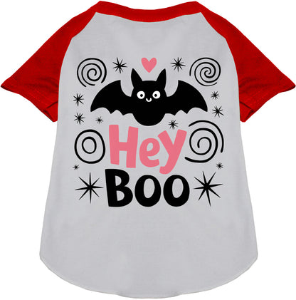 Red Hey Boo! Pet Raglan Shirt with bat design