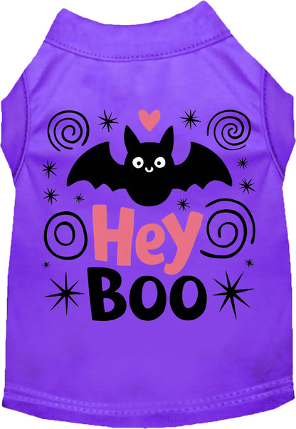 Purple Hey Boo! pet shirt with bat design