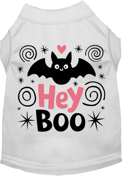 White Hey Boo! pet shirt with bat design