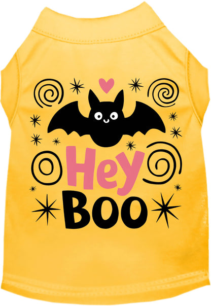 Yellow Hey Boo! pet shirt with bat design