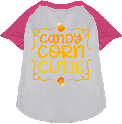 White Candy Corn Cutie pet raglan shirt with pink sleeves