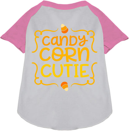 White Candy Corn Cutie pet raglan shirt with light pink sleeves