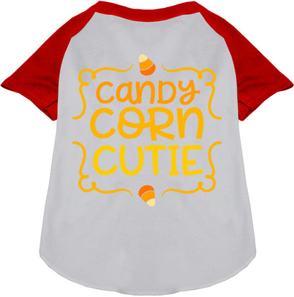 White Candy Corn Cutie pet raglan shirt with red sleeves