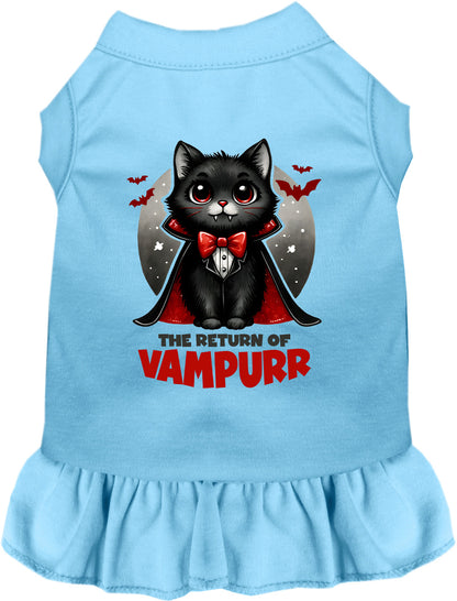 Blue Vampurr pet dress with vampire cat design